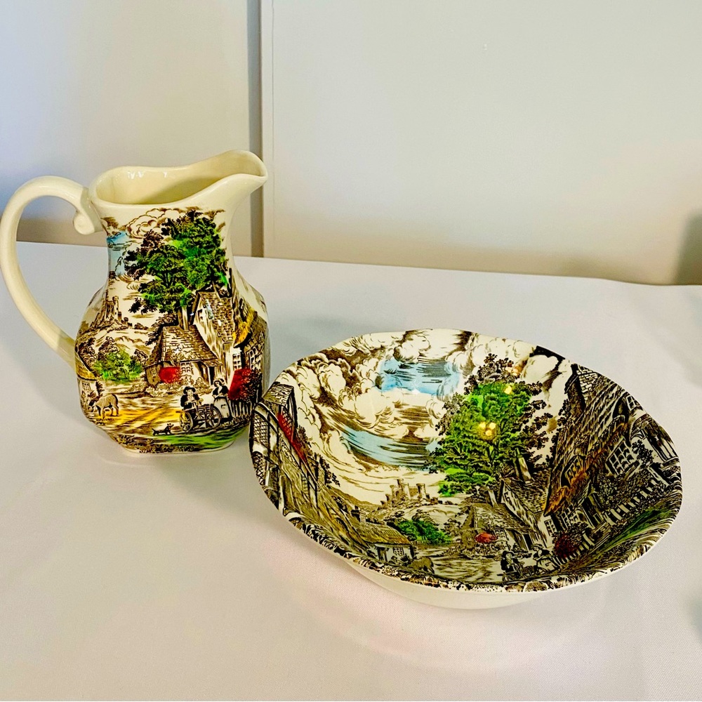 Enoch Wedgwood Old English Village Pitcher N Bowl Ironstone Rustic Cottagecore